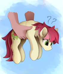 Size: 1810x2140 | Tagged: safe, artist:yakovlev-vad, imported from derpibooru, roseluck, earth pony, human, pony, behaving like a cat, behaving like a dog, confused, cute, cuteluck, disembodied hand, female, hand, holding a pony, it's dangerous to go alone, lacrimal caruncle, mare, offscreen character, question mark, rosabetes, rosepet