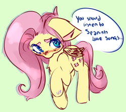 Size: 1052x932 | Tagged: safe, artist:ube, artist:ubebreb, imported from derpibooru, fluttershy, pegasus, pony, blushing, doodle, female, floppy ears, folded wings, looking at you, looking up, looking up at you, mare, meme, raised hoof, rock band, simple background, solo, speech bubble, standing, three quarter view, wings