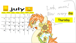 Size: 1790x1018 | Tagged: safe, artist:skookz, imported from derpibooru, oc, oc only, oc:thursday, earth pony, pony, 4chan, calendar, cloak, clothes, drawthread, female, flower, flower in hair, implied anon, looking at you, looking back, looking back at you, mare, simple background, solo, speech bubble, sunflower, text, thursday, weekday ponies, white background, wingding eyes