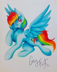 Size: 1638x2048 | Tagged: safe, artist:mscolorsplash, imported from derpibooru, rainbow dash, pegasus, pony, backwards cutie mark, female, mare, open mouth, solo, spread wings, traditional art, wings