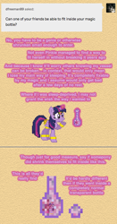 Size: 504x962 | Tagged: safe, artist:verve, imported from derpibooru, twilight sparkle, alicorn, genie, pony, ask genie twilight, ask, bottle, comic, cup, cup of pony, female, geniefied, levitation, magic, mare, micro, pixel art, solo, telekinesis, twilight sparkle (alicorn)