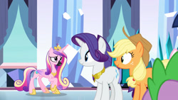 Size: 2208x1242 | Tagged: safe, edit, edited screencap, imported from derpibooru, screencap, applejack, princess cadance, rarity, spike, alicorn, dragon, earth pony, pony, unicorn, the beginning of the end, applejack's hat, cowboy hat, crown, element of generosity, element of honesty, female, gag, hat, hoof shoes, jewelry, male, muzzle gag, offscreen character, raised hoof, regalia, winged spike, wings