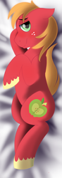 Size: 2100x6000 | Tagged: safe, artist:dicemarensfw, imported from derpibooru, big macintosh, earth pony, pony, bed, cute, dakimakura cover, freckles, high res, laying on bed, looking at you, lying down, lying on bed, macabetes, male, on bed, sexy, smiling, smiling at you, smirk, solo, stallion