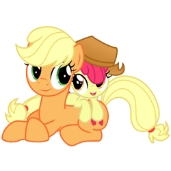 Size: 500x500 | Tagged: safe, artist:ashidaru, imported from derpibooru, apple bloom, applejack, earth pony, pony, accessory swap, adorabloom, apple sisters, applejack's hat, cowboy hat, cute, female, filly, hat, jackabetes, looking at each other, lying down, lying on top of someone, mare, open mouth, open smile, prone, siblings, simple background, sisters, smiling, transparent background