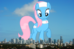 Size: 2794x1871 | Tagged: safe, artist:sierraex, artist:thegiantponyfan, imported from derpibooru, lotus blossom, earth pony, pony, female, florida, giant lotus blossom, giant pony, giant/macro earth pony, giantess, high res, highrise ponies, irl, macro, mare, mega giant, mega lotus blossom, miami, photo, ponies in real life, raised hoof, smiling, solo