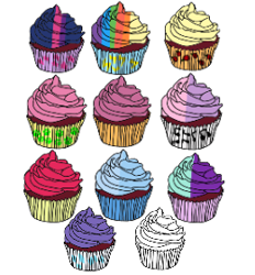 Size: 260x280 | Tagged: safe, artist:pacmanplayz, imported from derpibooru, apple bloom, applejack, fluttershy, pinkie pie, rainbow dash, rarity, scootaloo, starlight glimmer, sweetie belle, trixie, twilight sparkle, cupcake, cutie mark crusaders, food, mane six, rainbow cupcake