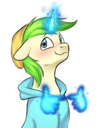 Size: 514x657 | Tagged: safe, artist:megabait, imported from derpibooru, oc, oc only, oc:markov, pony, unicorn, 4chan, blue hoodie, blushing, bust, fingers together, glowing, glowing horn, green hair, green mane, horn, is for me, looking at you, magic, magic aura, meme, simple background, unicorn oc, white background, yellow coat, yellow hat