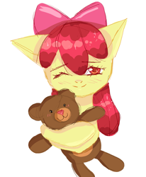 Size: 1469x1784 | Tagged: artist needed, safe, imported from derpibooru, apple bloom, earth pony, pony, blushing, female, filly, one eye closed, smiling, solo, teddy bear, wink
