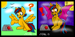 Size: 8267x4133 | Tagged: safe, artist:max rider, imported from derpibooru, oc, oc only, oc:firestorm metallic, bat pony, pegasus, pony, absurd resolution, bat pony oc, bat wings, button, curious, day, eye clipping through hair, eyebrows, eyebrows visible through hair, female, females only, fur, mare, moon, night, open mouth, open smile, pegasus oc, smiling, solo, surprised, transformation, wings