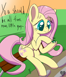 Size: 3479x4000 | Tagged: safe, artist:gnashie, imported from derpibooru, fluttershy, beetle, insect, pegasus, pony, bandage, bench, boop, cute, daaaaaaaaaaaw, dialogue, shyabetes, sitting, smiling, text