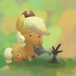 Size: 1024x1024 | Tagged: safe, artist:catscratchpaper, imported from derpibooru, applejack, earth pony, pony, abstract background, mouth hold, solo, tree, watering can