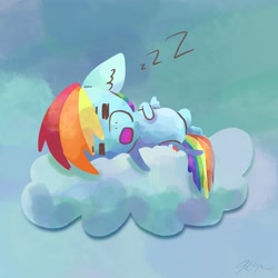 Size: 2048x2048 | Tagged: safe, artist:catscratchpaper, imported from derpibooru, rainbow dash, pegasus, pony, cloud, high res, lying down, lying on a cloud, on a cloud, onomatopoeia, solo, sound effects, zzz