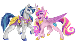 Size: 1280x790 | Tagged: safe, alternate version, artist:copshop, imported from derpibooru, princess cadance, shining armor, pony, female, horn, horns are touching, looking at each other, male, nudity, sheath, shiningcadance, shipping, simple background, straight, transparent background