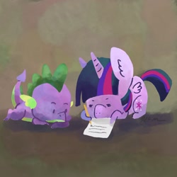 Size: 2048x2048 | Tagged: safe, artist:catscratchpaper, imported from derpibooru, spike, twilight sparkle, alicorn, dragon, pony, abstract background, duo, female, high res, lying down, male, mare, paper, pencil, prone, twilight sparkle (alicorn), writing