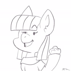 Size: 2048x2048 | Tagged: safe, artist:catscratchpaper, imported from derpibooru, boulder (pet), maud pie, earth pony, pony, boulder (g4), grin, high res, monochrome, out of character, simple background, smiling, solo, when she smiles, white background