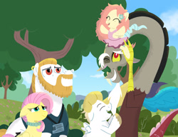 Size: 1920x1475 | Tagged: safe, artist:bearmation, artist:heavysplatter, imported from derpibooru, bulk biceps, discord, fluttershy, oc, oc:lofty leap, oc:nimbus bellows, draconequus, pegasus, pony, beard, clothes, colt, cute, facial hair, female, filly, flutterbulk, male, mare, offspring, older, older bulk biceps, older fluttershy, parent:bulk biceps, parent:fluttershy, parents:flutterbulk, pony hat, shipping, stallion, straight, tutu, uncle discord