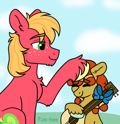 Size: 1400x1450 | Tagged: safe, artist:pink-pone, imported from derpibooru, big macintosh, oc, oc:rye wheat, pony, banjo, bow, colt, father and child, father and son, freckles, head pat, male, musical instrument, offspring, parent:big macintosh, parent:tree hugger, parents:treemac, pat, unshorn fetlocks