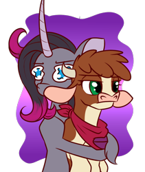 Size: 764x906 | Tagged: safe, artist:redahfuhrerking, imported from derpibooru, arizona cow, oleander, classical unicorn, cow, pony, unicorn, them's fightin' herds, arizona (tfh), arizona is not amused, cao, cloven hooves, community related, hug, leonine tail, oleander (tfh), unshorn fetlocks