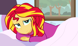 Size: 1000x600 | Tagged: safe, artist:dm29, imported from derpibooru, sunset shimmer, equestria girls, bed, clothes, cute, good morning, in bed, pajamas, shimmerbetes, smiling, solo