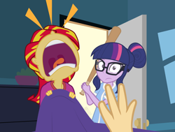 Size: 1320x1000 | Tagged: safe, artist:dm29, imported from derpibooru, sci-twi, sunset shimmer, twilight sparkle, equestria girls, back to the future part 2, baseball bat, clothes, emanata, offscreen character, pajamas, pov, screaming, sleepover, slumber party, uvula, volumetric mouth, yelling