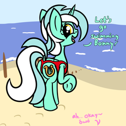 Size: 2000x2000 | Tagged: safe, artist:dafiltafish, imported from derpibooru, bon bon, lyra heartstrings, sweetie drops, pony, unicorn, comic:day by day, beach, clothes, dialogue, female, high res, implied bon bon, lesbian, lyrabon, ocean, one-piece swimsuit, open-back swimsuit, shipping, swimsuit