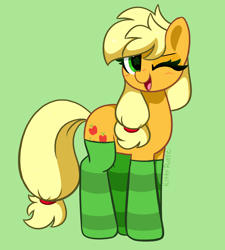 Size: 4176x4640 | Tagged: safe, artist:kittyrosie, imported from derpibooru, applejack, earth pony, pony, blushing, clothes, cute, female, freckles, green background, hatless, jackabetes, mare, missing accessory, one eye closed, open mouth, open smile, redraw, simple background, smiling, socks, solo, starry eyes, stockings, striped socks, thigh highs, wingding eyes, wink