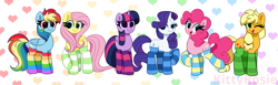 Size: 6400x1967 | Tagged: safe, artist:kittyrosie, imported from derpibooru, applejack, fluttershy, pinkie pie, rainbow dash, rarity, twilight sparkle, alicorn, earth pony, pegasus, pony, unicorn, blushing, clothes, cute, dashabetes, diapinkes, dreamworks face, female, hatless, high res, jackabetes, lidded eyes, looking at you, mane six, mare, missing accessory, open mouth, open smile, rainbow socks, raribetes, shyabetes, simple background, smiling, smiling at you, socks, stockings, striped socks, thigh highs, twiabetes, twilight sparkle (alicorn)