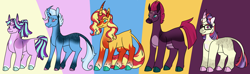 Size: 6360x1885 | Tagged: safe, artist:eonionic, imported from derpibooru, moondancer, starlight glimmer, sunset shimmer, tempest shadow, trixie, pony, unicorn, alternate design, broken horn, curved horn, headcanon, headcanon in the description, horn, leonine tail