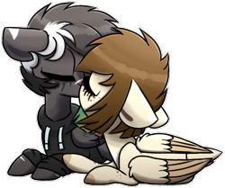 Size: 726x607 | Tagged: safe, artist:pasteldraws, imported from derpibooru, oc, oc:dark storm, oc:tibby, pegasus, pony, base used, clothes, hoodie, kissing, shipping, simple background, sticker style, transparent background