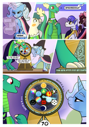 Size: 2100x3000 | Tagged: safe, artist:loryska, imported from derpibooru, trixie, oc, oc:bredbeddle, dragon, earth pony, griffon, pony, unicorn, comic:friendship grows, high res, roulette, runes, scroll