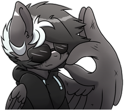 Size: 942x839 | Tagged: safe, artist:pasteldraws, imported from derpibooru, oc, oc only, oc:dark storm, pegasus, pony, base used, clothes, hoodie, simple background, solo, sticker style, sunglasses, transparent background, wing hands, wings