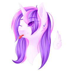 Size: 1000x1067 | Tagged: safe, artist:schokocream, imported from derpibooru, oc, oc only, alicorn, pony, :p, alicorn oc, bust, eye clipping through hair, female, floating wings, horn, mare, solo, tongue out, wings