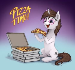 Size: 1920x1796 | Tagged: safe, artist:magfen, imported from derpibooru, oc, oc only, oc:flower star, pony, unicorn, commission, female, food, glasses, mare, meat, open mouth, pepperoni, pepperoni pizza, pizza, sitting up, solo, ych result