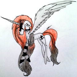 Size: 2369x2359 | Tagged: safe, artist:beamybutt, imported from derpibooru, oc, oc only, alicorn, pony, alicorn oc, choker, clothes, eyelashes, female, high res, horn, mare, signature, socks, solo, spiked choker, striped socks, traditional art, wings