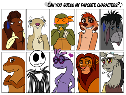 Size: 1300x975 | Tagged: safe, artist:chibi-n92, imported from derpibooru, discord, anthro, big cat, chameleon, dinosaur, donkey, draconequus, gecko, lion, mammoth, meerkat, sloth, turtle, tyrannosaurus rex, blush sticker, blushing, bone, bust, eeyore, eyes closed, food, heart, ice age, jack skellington, male, manny, michelangelo, monster, monsters university, pixar, pizza, randall (monsters inc.), randall boggs, rex (we're back a dinosaur's story), rex (we're back! a dinosaur's story), sid, sid the sloth, simba, skeleton, teenage mutant ninja turtles, the lion king, the nightmare before christmas, timon, we're back a dinosaur's story, winnie the pooh