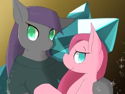 Size: 1600x1200 | Tagged: safe, artist:sc_kis_rko, imported from derpibooru, maud pie, pinkie pie, earth pony, pony, colored pupils, crystal, duo, female, hoof around neck, looking at you, mare, pinkamena diane pie, siblings, sisters, sparkles