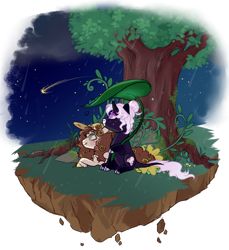 Size: 800x875 | Tagged: safe, artist:lavvythejackalope, imported from derpibooru, oc, oc only, pony, unicorn, commission, duo, floating island, hat, horn, looking up, night, shooting star, simple background, stars, sun hat, transparent background, tree, unicorn oc, ych result