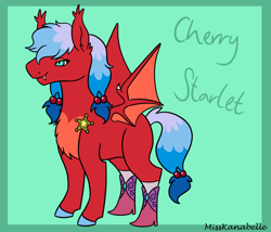 Size: 1750x1500 | Tagged: safe, artist:misskanabelle, imported from derpibooru, oc, oc only, oc:cherry starlet, bat pony, pony, abstract background, bat pony oc, bat wings, boots, chest fluff, clothes, female, mare, shoes, signature, solo, wings