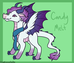 Size: 1750x1500 | Tagged: safe, artist:misskanabelle, imported from derpibooru, oc, oc only, oc:candy melt, dracony, dragon, hybrid, pony, abstract background, clothes, dragon oc, dragoness, female, scarf, signature, solo, starry wings, wings