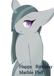 Size: 1191x1684 | Tagged: safe, artist:sc_kis_rko, imported from derpibooru, marble pie, earth pony, pony, female, hair over one eye, happy birthday, mare, simple background, solo, white background