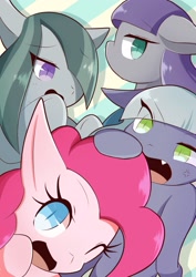 Size: 1191x1684 | Tagged: safe, artist:sc_kis_rko, imported from derpibooru, limestone pie, marble pie, maud pie, pinkie pie, earth pony, pony, abstract background, cross-popping veins, eye clipping through hair, female, floppy ears, hair over one eye, hoof on head, mare, one eye closed, open mouth, pie sisters, siblings, sisters, wink