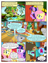 Size: 612x792 | Tagged: safe, artist:newbiespud, edit, edited screencap, imported from derpibooru, screencap, fluttershy, harry, rainbow dash, twilight sparkle, bear, mouse, pegasus, pony, unicorn, comic:friendship is dragons, magical mystery cure, angry, comic, dialogue, element of magic, female, fluttershy's cottage, fork, gritted teeth, mare, open mouth, raised hoof, screencap comic, unicorn twilight