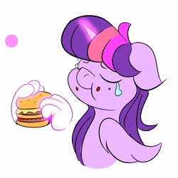 Size: 4096x4096 | Tagged: safe, artist:alexsc112, imported from derpibooru, twilight sparkle, alicorn, pony, burger, crying, eyes closed, floppy ears, food, hamburger, hand, magic, magic hands, messy eating, smiling, solo, tears of joy, teary eyes, telekinesis, that pony sure does love burgers, twilight burgkle, twilight sparkle (alicorn)