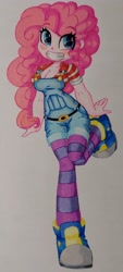 Size: 1710x3796 | Tagged: safe, artist:shadowhawx, artist:shadowhawx95, imported from derpibooru, pinkie pie, equestria girls, breasts, cleavage, clothes, converse, grin, happy, looking at you, overalls, pencil drawing, shoes, smiling, socks, solo, striped legwear, thigh highs, traditional art