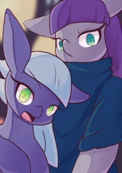 Size: 849x1200 | Tagged: safe, artist:sc_kis_rko, imported from derpibooru, limestone pie, maud pie, earth pony, pony, semi-anthro, clothes, duo, female, floppy ears, frown, mare, siblings, sisters