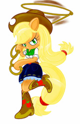 Size: 776x1200 | Tagged: safe, artist:shadowhawx, artist:shadowhawx95, imported from derpibooru, applejack, anthro, earth pony, plantigrade anthro, beautiful, beautiful eyes, beautiful hair, belt, blonde hair, boots, clothes, cowboy boots, cowboy hat, cowgirl, cute, denim skirt, equestria girls outfit, female, freckles, green eyes, hat, high heel boots, high heels, jackabetes, lasso, looking at you, orange skin, raised leg, rope, shoes, simple background, skirt, smiling, solo, stetson, white background, yellow hair