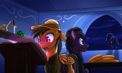 Size: 2667x1600 | Tagged: safe, artist:redahfuhrerking, imported from derpibooru, daring do, oc, oc:philip finder, oc:phillip finder, bird, crow, pony, raven (bird), fanfic:ponyville noire, book, cloud house, emerald, glow, glowing, knife, night, phiring, rings of scorchero, skull, whip