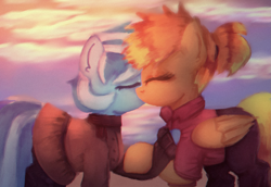 Size: 1625x1117 | Tagged: safe, alternate version, artist:menalia, imported from derpibooru, oc, oc only, oc:freezy coldres, oc:shiny flames, pegasus, pony, unicorn, beach, chromatic aberration, clothes, cloud, eyes closed, female, implied unicorn, kissing, lesbian, love, mare, pants, ponytail, scarf, shirt, skirt, water, wings