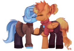 Size: 1625x1117 | Tagged: safe, alternate version, artist:menalia, imported from derpibooru, oc, oc only, oc:freezy coldres, oc:shiny flames, pegasus, pony, unicorn, clothes, eyes closed, female, implied unicorn, kissing, lesbian, love, mare, pants, ponytail, scarf, shirt, shoes, simple background, skirt, transparent background, wings