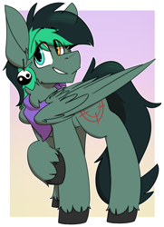 Size: 1275x1765 | Tagged: safe, artist:kirbirb, imported from derpibooru, oc, oc only, oc:target strike, pegasus, pony, clothes, ear piercing, earring, heterochromia, jewelry, piercing, scarf, simple background, solo, unshorn fetlocks